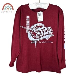New! Costa Retro Maroon Long Sleeve Cotton Tee Youth Medium Jersey Shirt 10/12